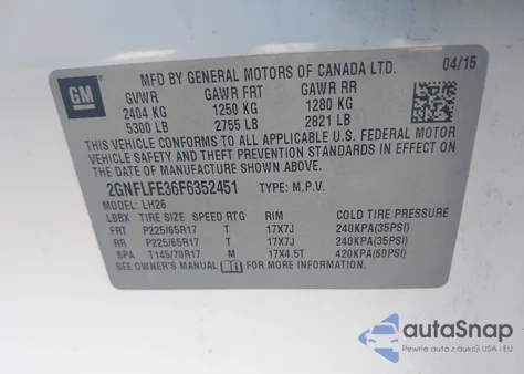 2015 Chevrolet Equinox 1Lt z USA, uszkodzony, nr VIN 2GNFLFE36F6352451